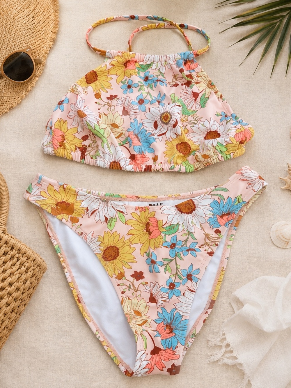 Floral Halter Two-Piece Bikini in Multi Floral Pink